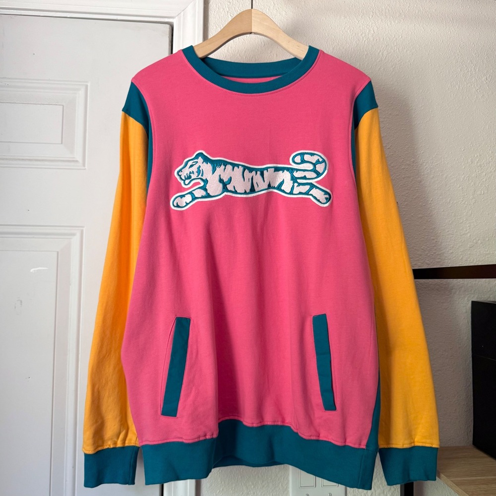 LE TIGRE color block pink yellow teal long sleeve crew neck pullover sweater